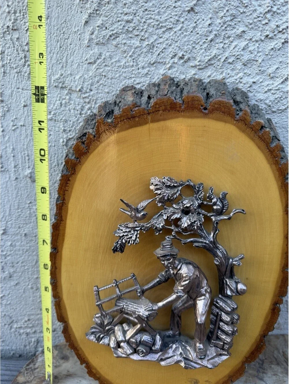 Vintage German 3D Metal Woodcutter Plaque Tree Slice Folk Art Personal Note